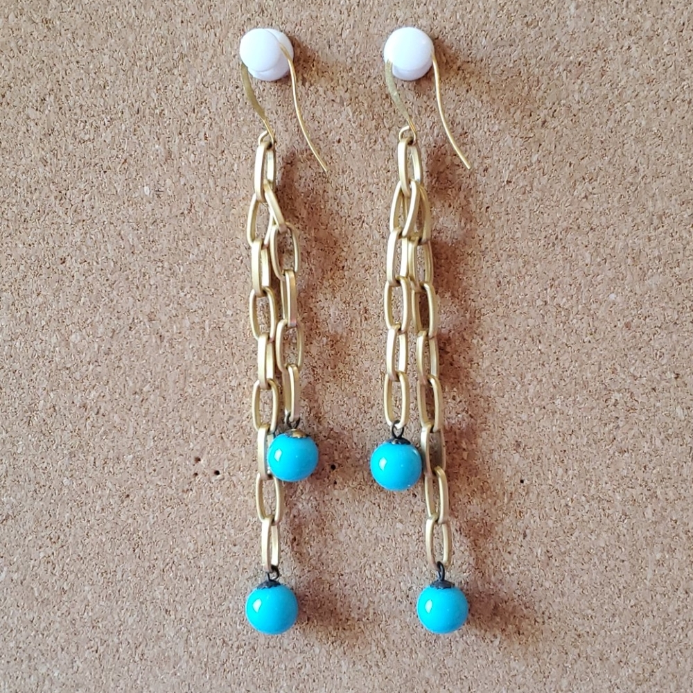 Hand Made Earrings Tourquoise Beads on Gold Chains